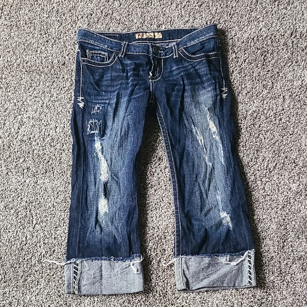 BKE Dark Blue Distressed Cropped Jeans